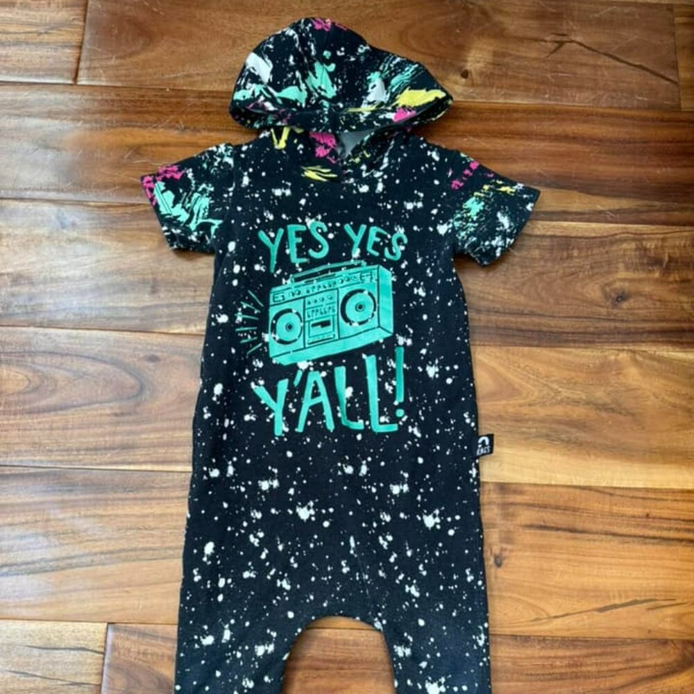 Rags to Raches Paint Splatter Retro Hooded Romper Sz 12-18 months